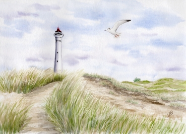 Poster DIN-A4 Aquarell Maritim Kunst Druck Kunstdruck Nordsee Dänemark Danmark  Leuchtturm Lyngvig Hvide Sande Sondervig Strand Möwe